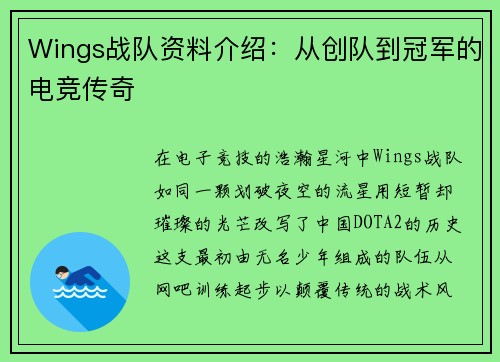 Wings战队资料介绍：从创队到冠军的电竞传奇